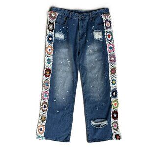 Men's 38/30.5 XL Baggy Distressed Jeans Crochet Streetwear Straight Loose Leg